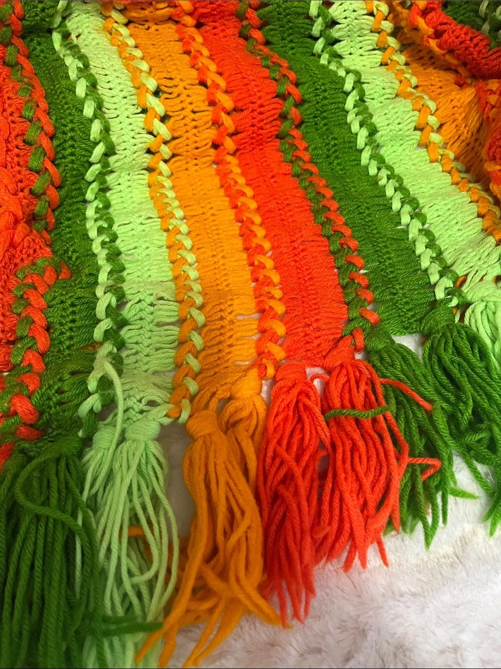 Vibrant Retro Vintage Hand-Crocheted Fringe Throw in Lime, Orange & Green